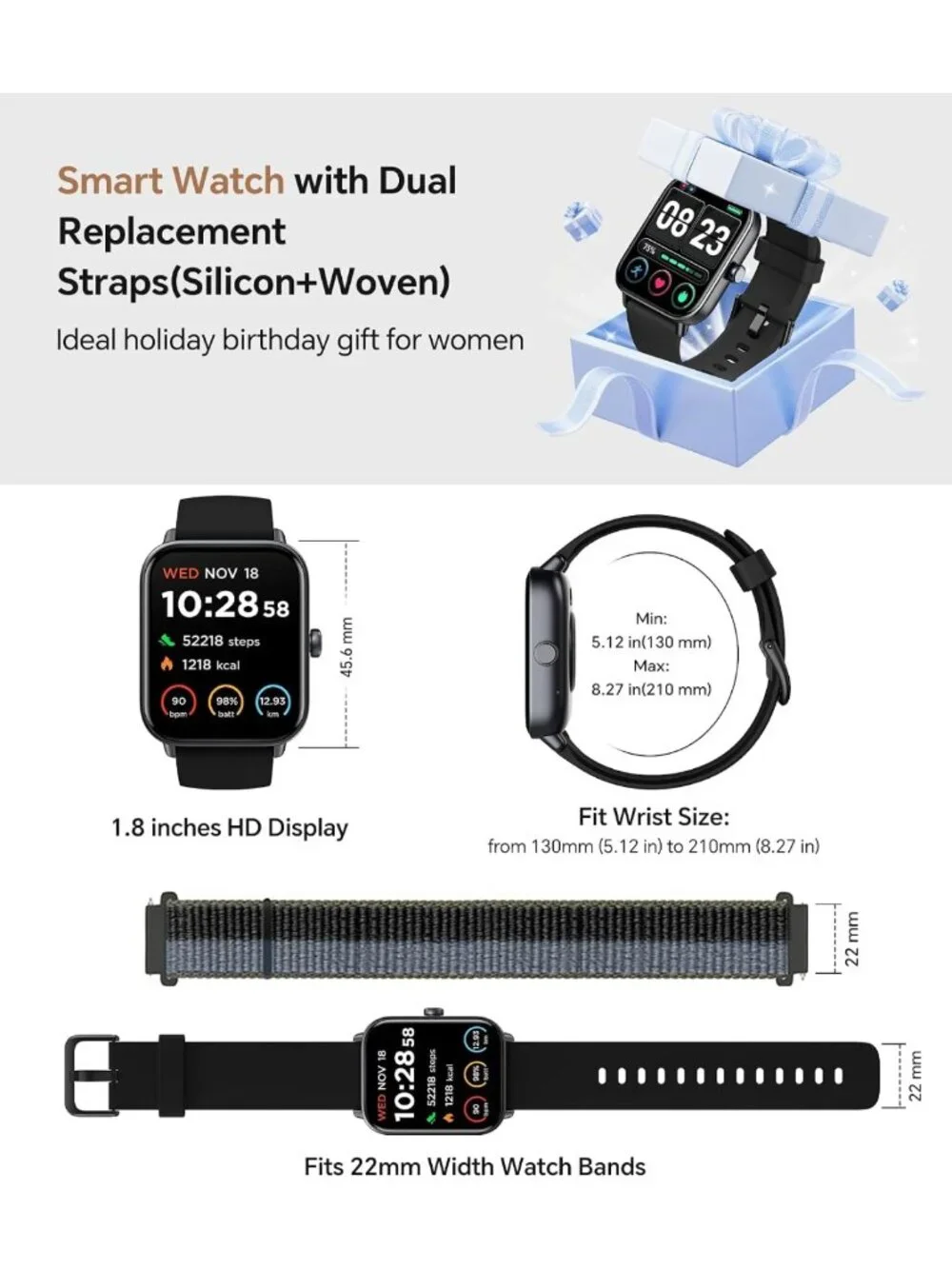 Smartwatch for Men & Women, 2 Interchangeable Bands, Android & iPhone Compatible